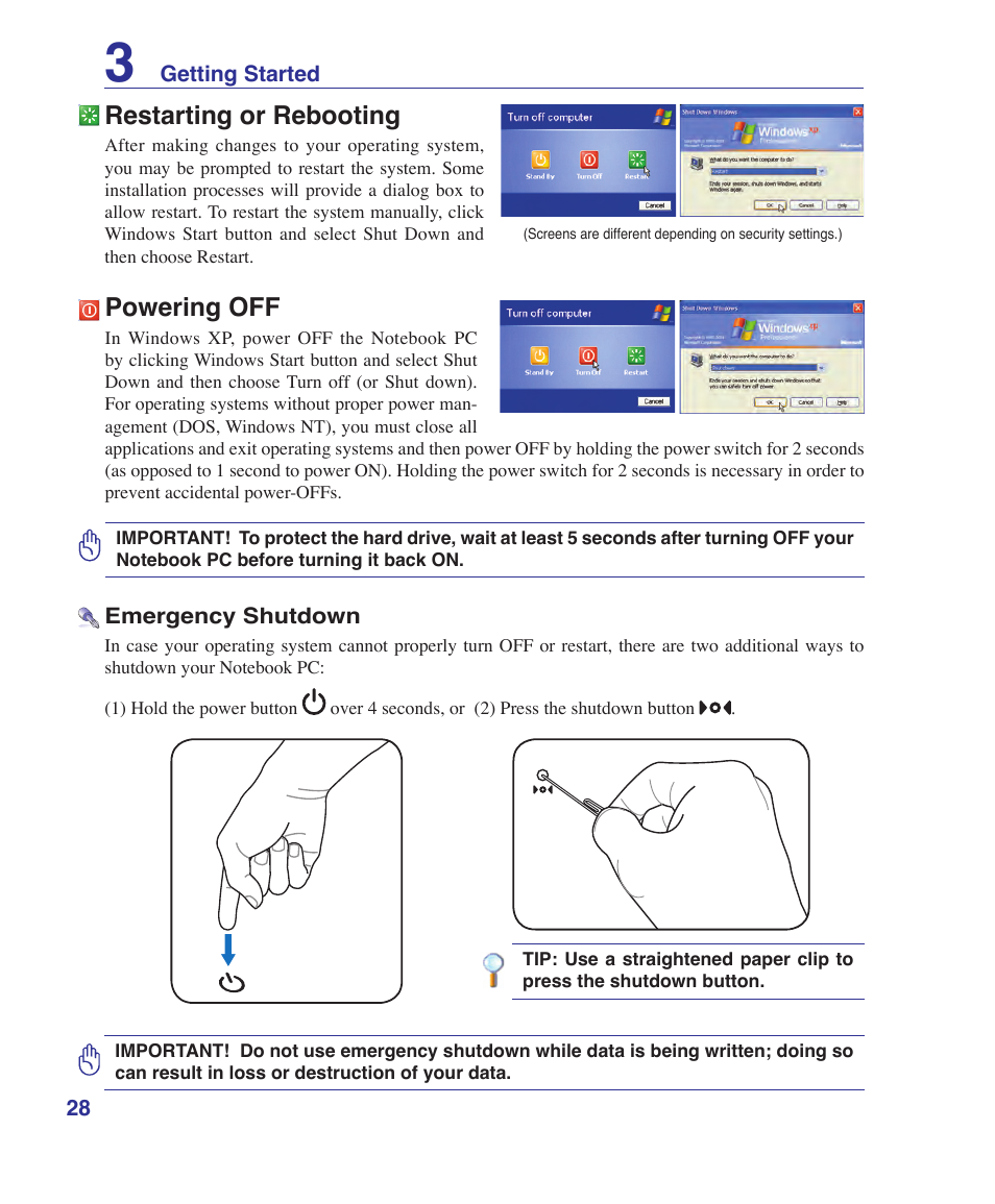 Restarting or rebooting, Powering off | Asus F9J User Manual | Page 28 / 95