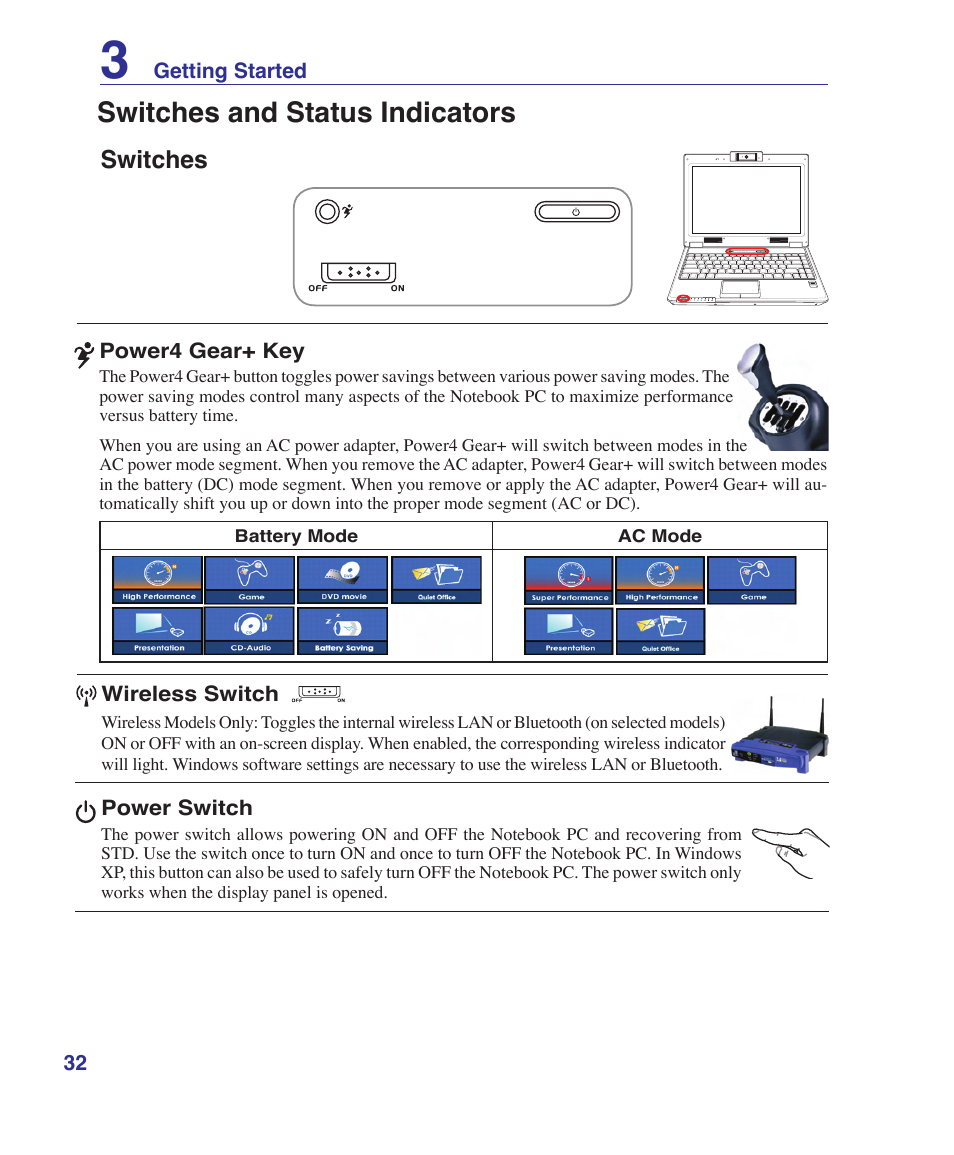 Switches and status indicators, Switches | Asus F9J User Manual | Page 32 / 95