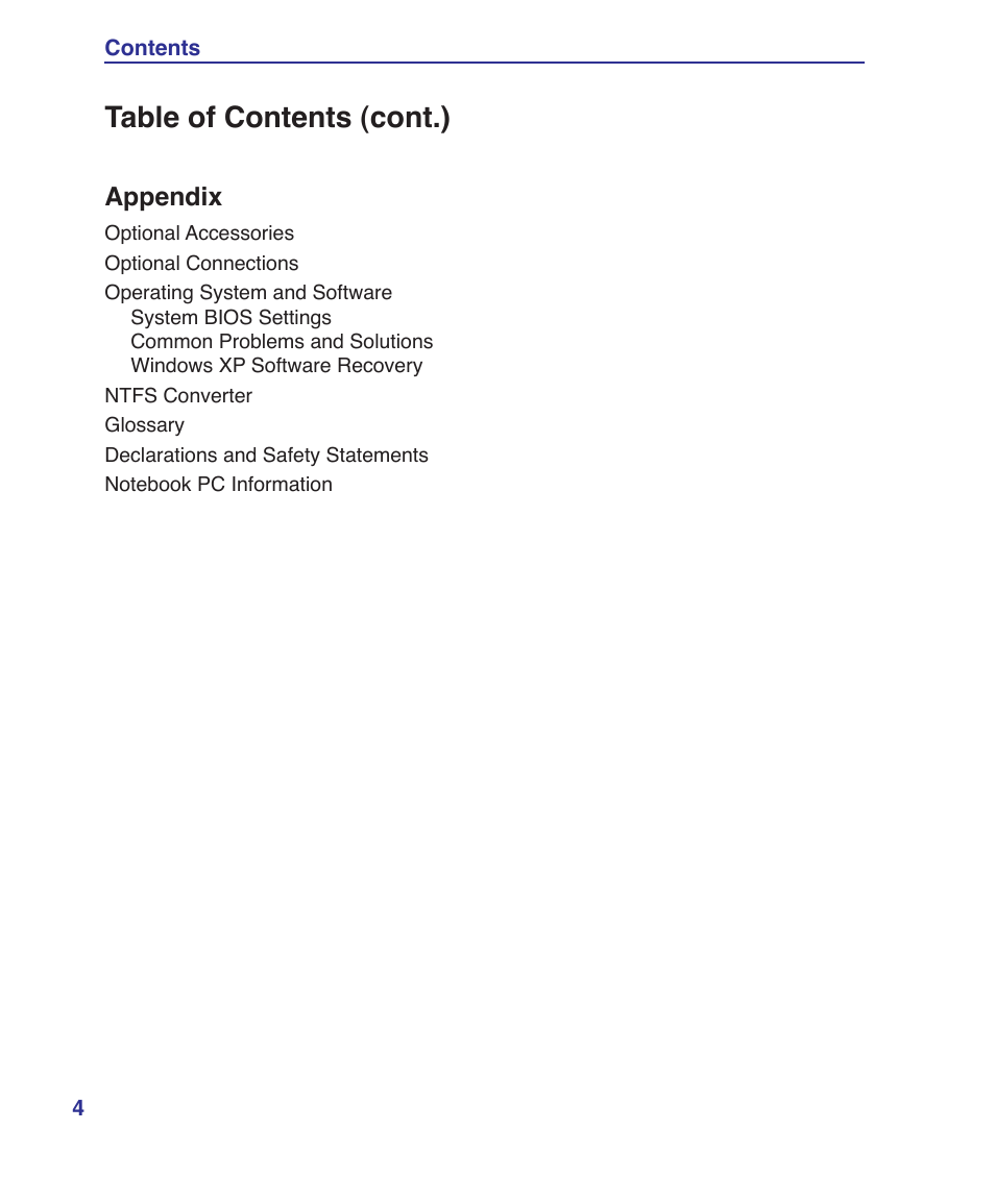 Table of contents (cont.) | Asus F9J User Manual | Page 4 / 95