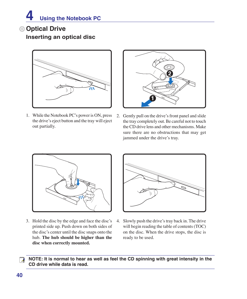 Optical drive | Asus F9J User Manual | Page 40 / 95