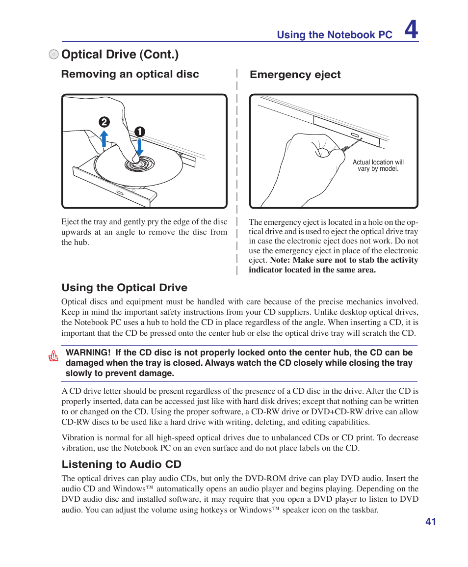 Optical drive (cont.) | Asus F9J User Manual | Page 41 / 95