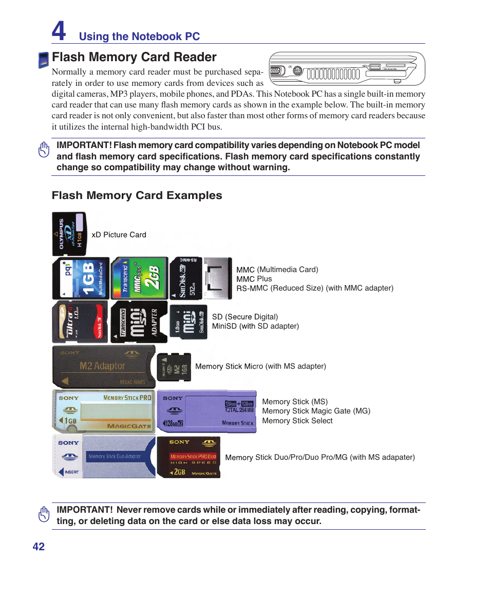 Flash memory card reader | Asus F9J User Manual | Page 42 / 95