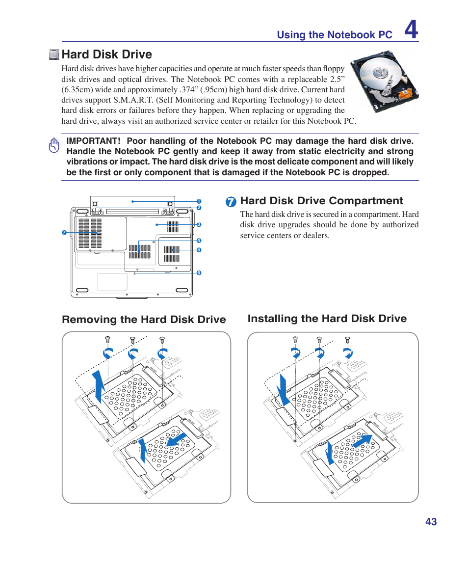 Hard disk drive, Hard disk drive compartment | Asus F9J User Manual | Page 43 / 95