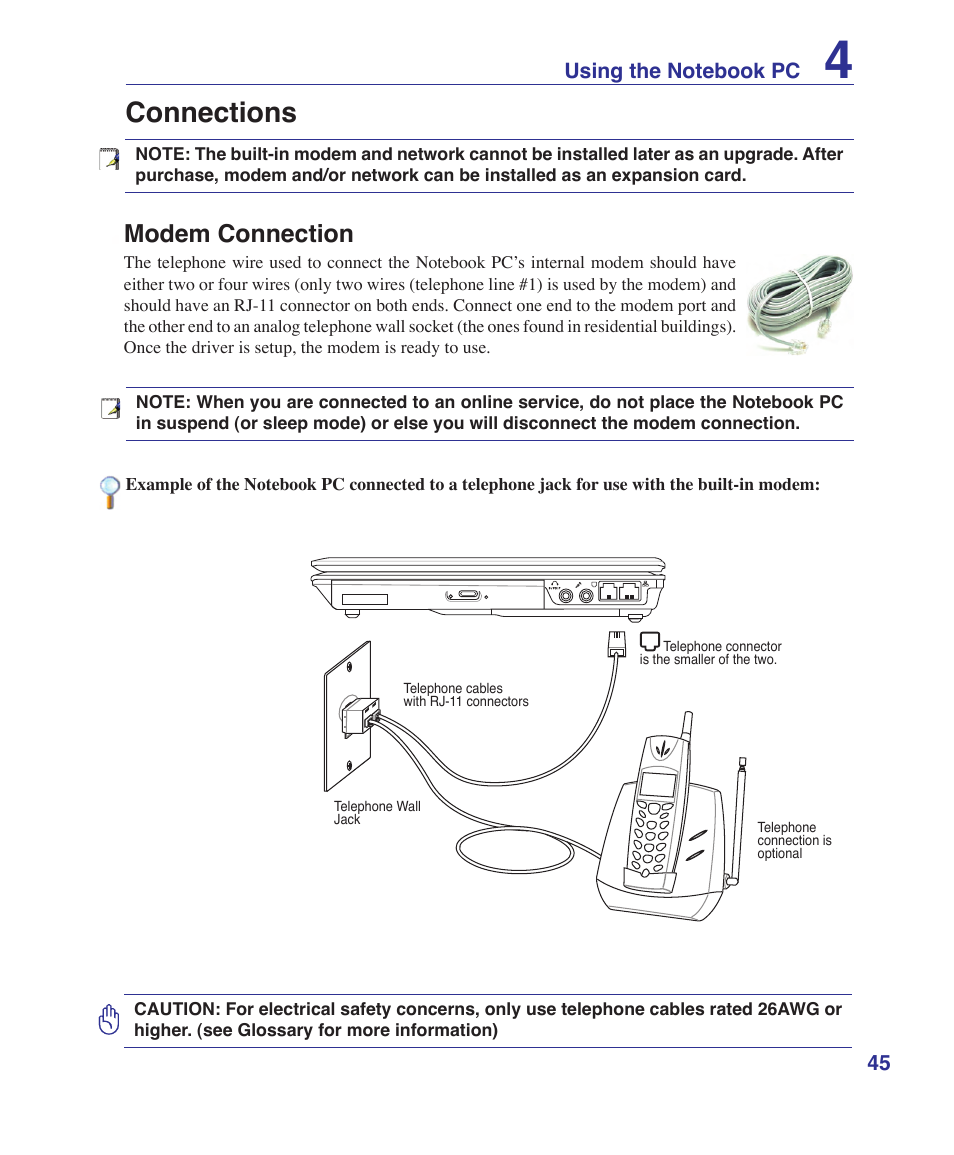 Connections, Modem connection | Asus F9J User Manual | Page 45 / 95