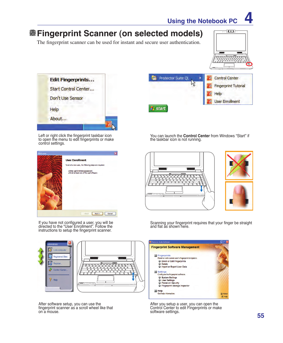 Fingerprint scanner (on selected models) | Asus F9J User Manual | Page 55 / 95