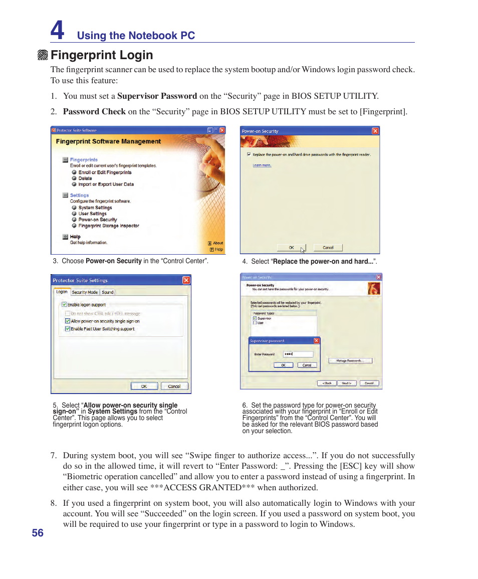 Fingerprint login | Asus F9J User Manual | Page 56 / 95