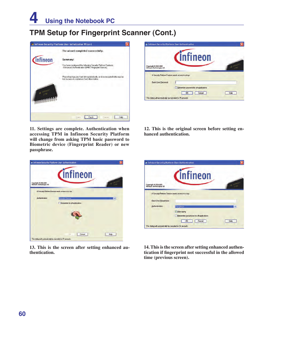 Tpm setup for fingerprint scanner (cont.) | Asus F9J User Manual | Page 60 / 95