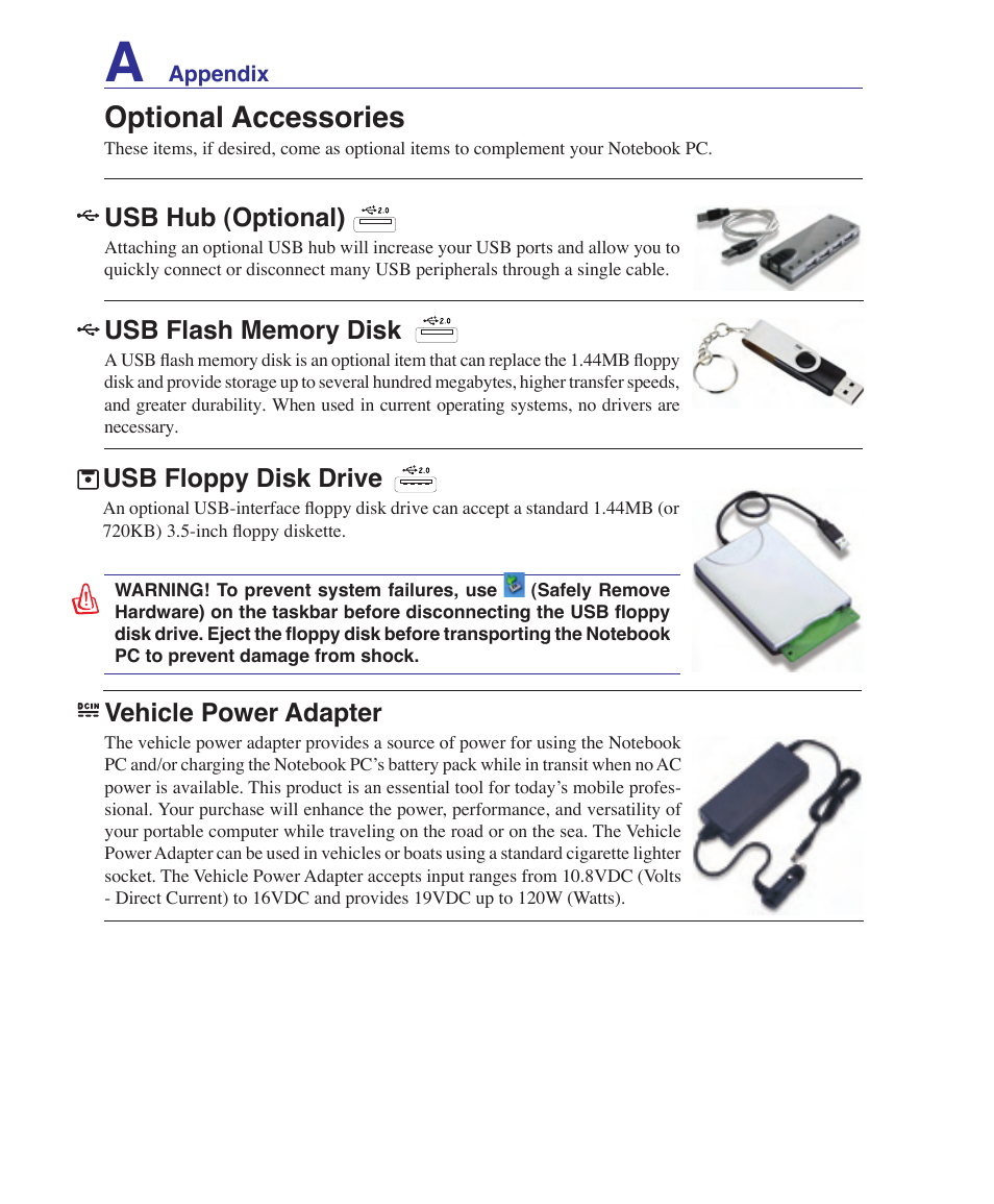 Optional accessories, Appendix, Usb floppy disk drive | Usb hub (optional), Vehicle power adapter | Asus F9J User Manual | Page 64 / 95