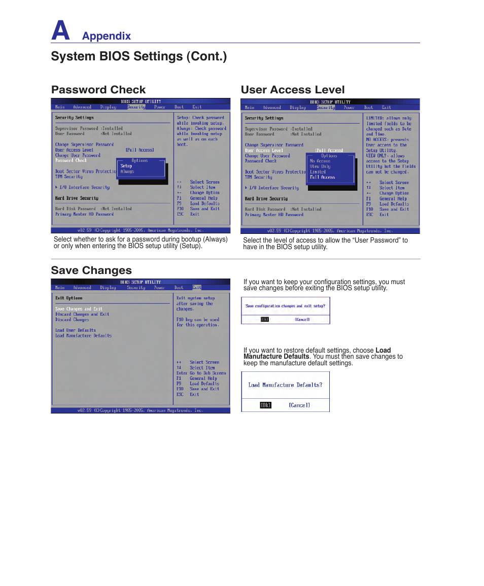 System bios settings (cont.) | Asus F9J User Manual | Page 70 / 95