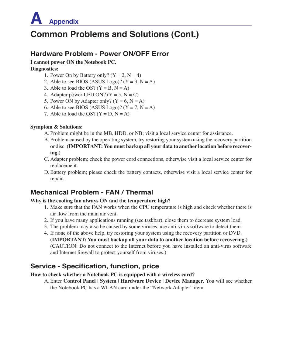 Common problems and solutions (cont.) | Asus F9J User Manual | Page 72 / 95