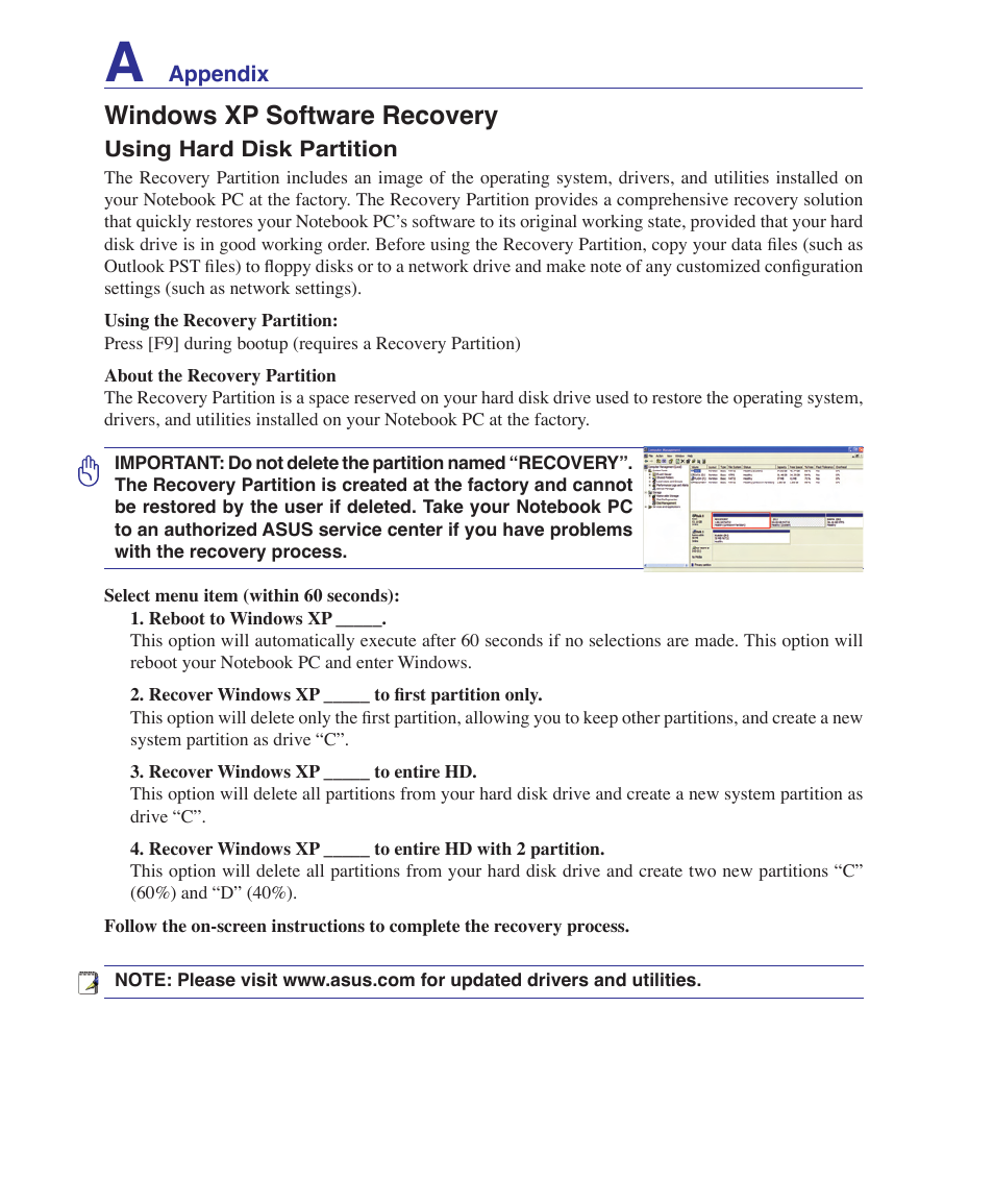 Windows xp software recovery, System recovery partition, Common problems and solution | Indows software recovery | Asus F9J User Manual | Page 76 / 95