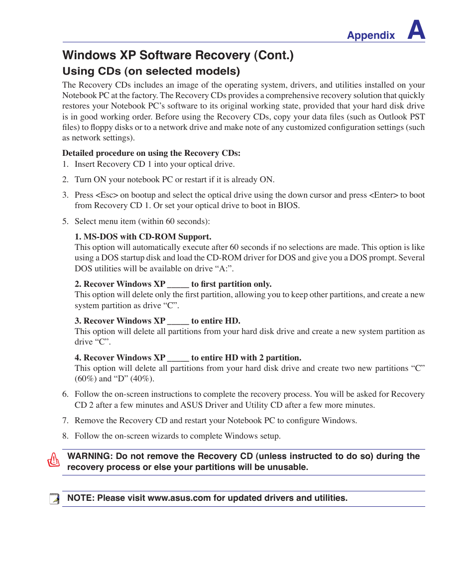 Windows xp software recovery (cont.) | Asus F9J User Manual | Page 77 / 95