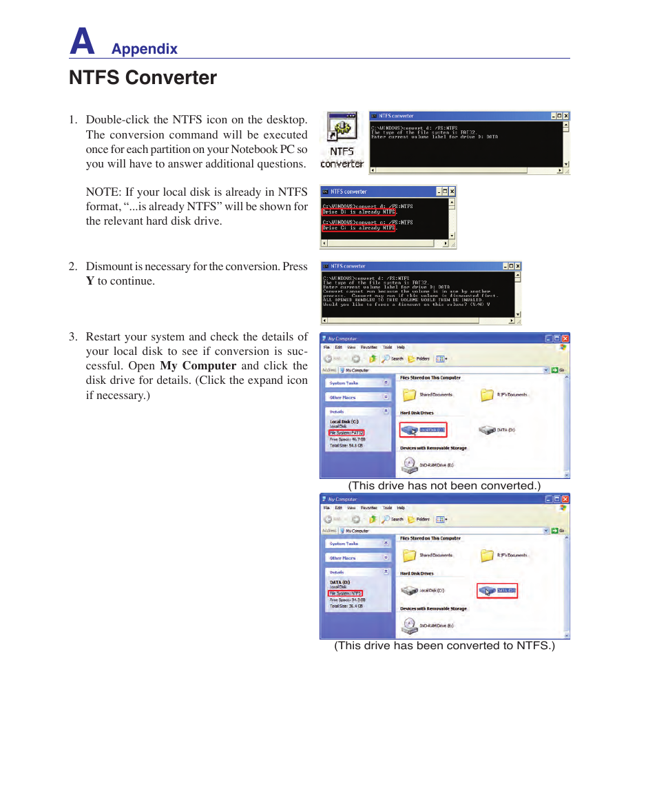 Ntfs converter, Windows xp software recover | Asus F9J User Manual | Page 78 / 95