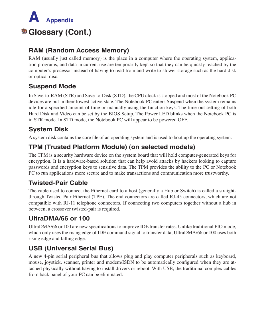 Glossary (cont.) | Asus F9J User Manual | Page 82 / 95