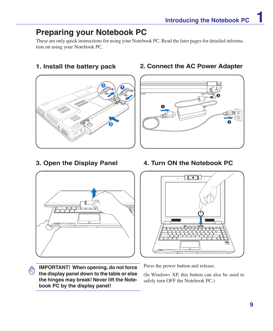 Preparing your notebook pc | Asus F9J User Manual | Page 9 / 95