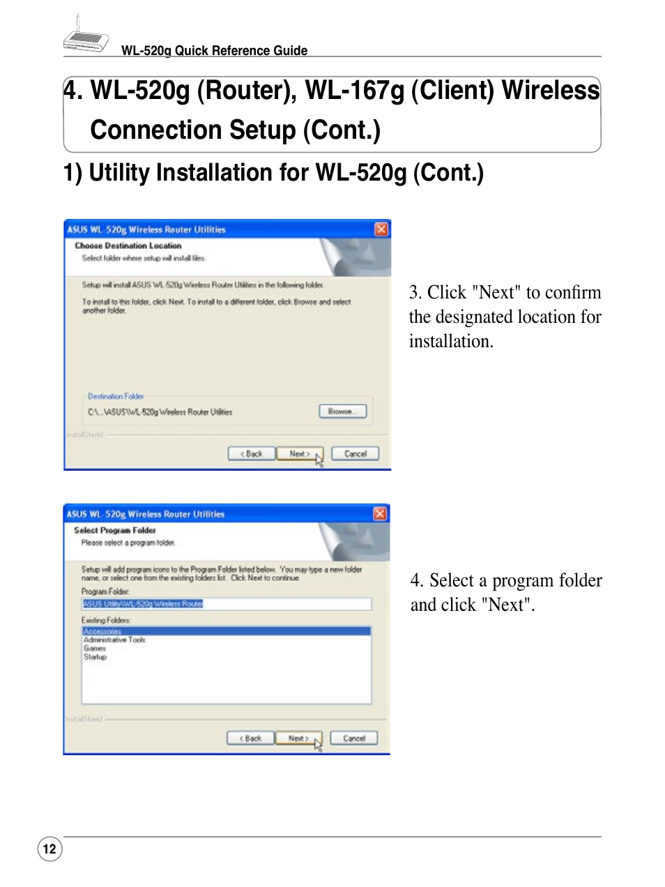 1) utility installation for wl-520g (cont.) | Asus WL-520G User Manual | Page 12 / 44