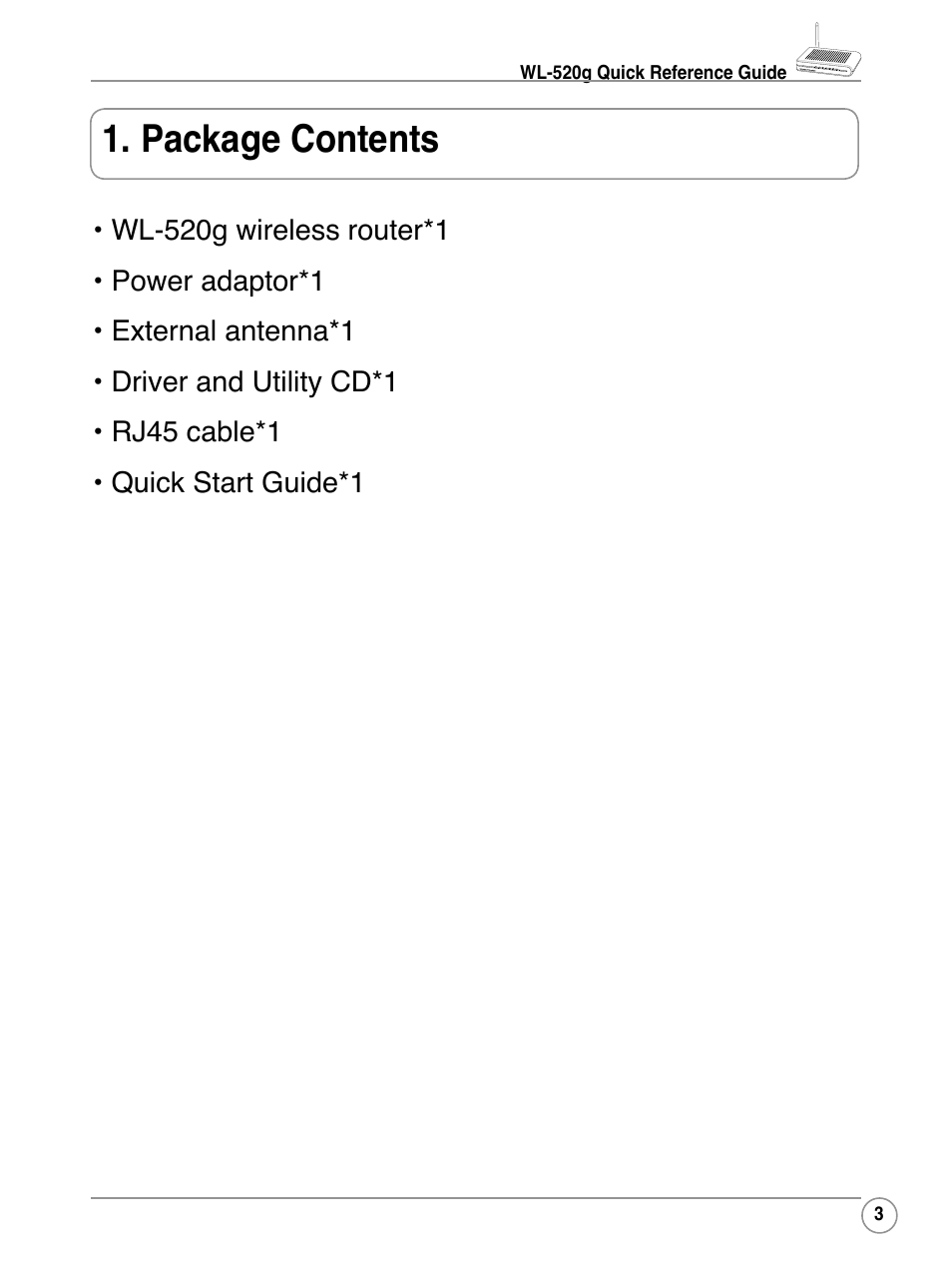 Package contents | Asus WL-520G User Manual | Page 3 / 44