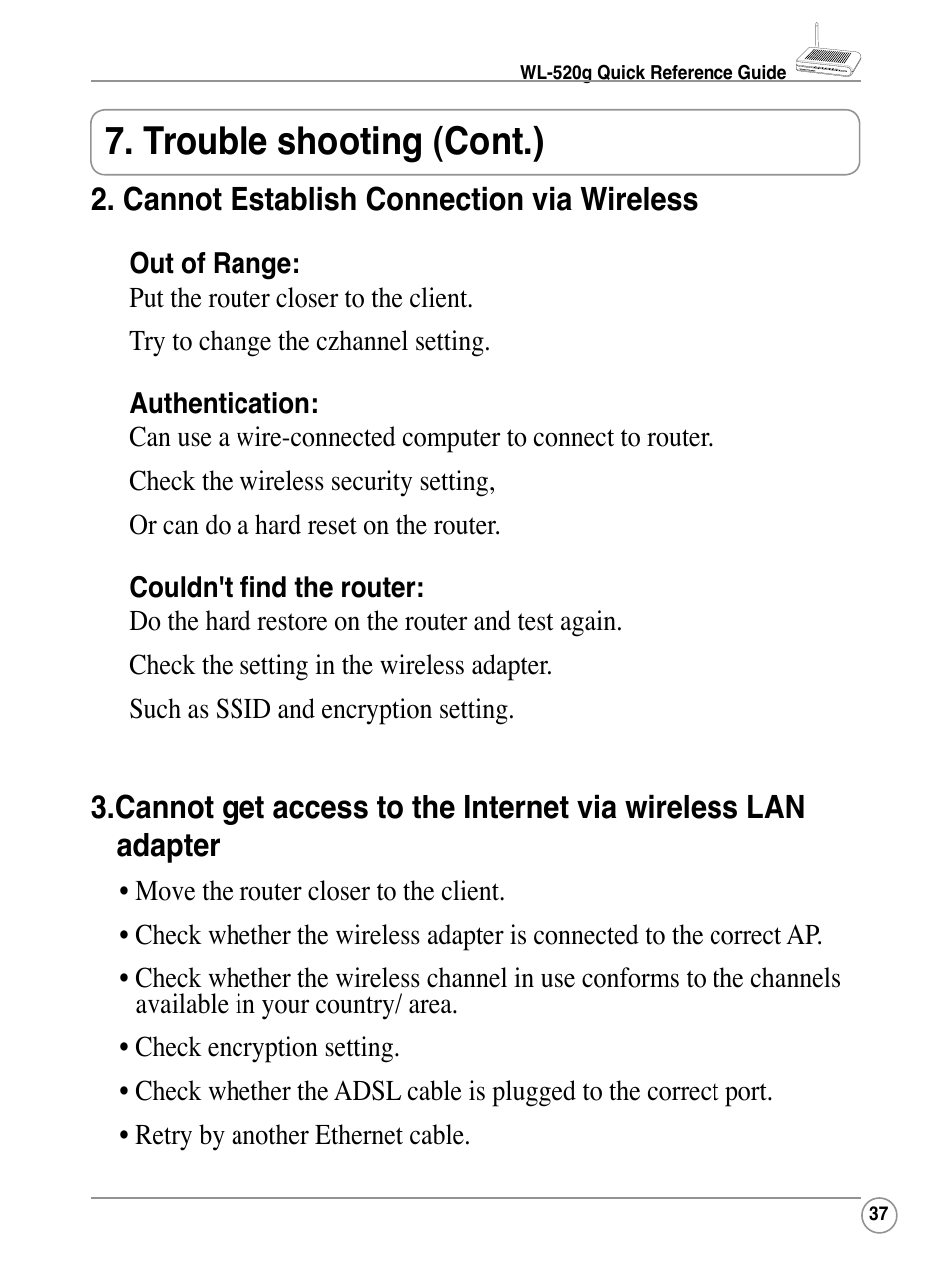 Trouble shooting (cont.) | Asus WL-520G User Manual | Page 37 / 44