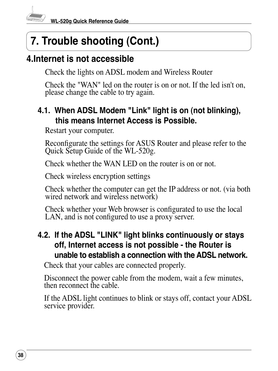 Trouble shooting (cont.) | Asus WL-520G User Manual | Page 38 / 44