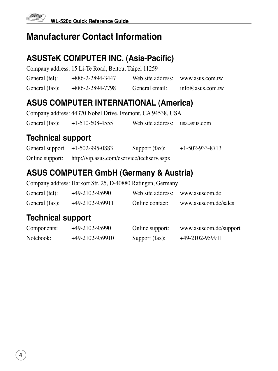 Manufacturer contact information, Asustek computer inc. (asia-paciﬁc), Asus computer international (america) | Technical support, Asus computer gmbh (germany & austria) | Asus WL-520G User Manual | Page 4 / 44