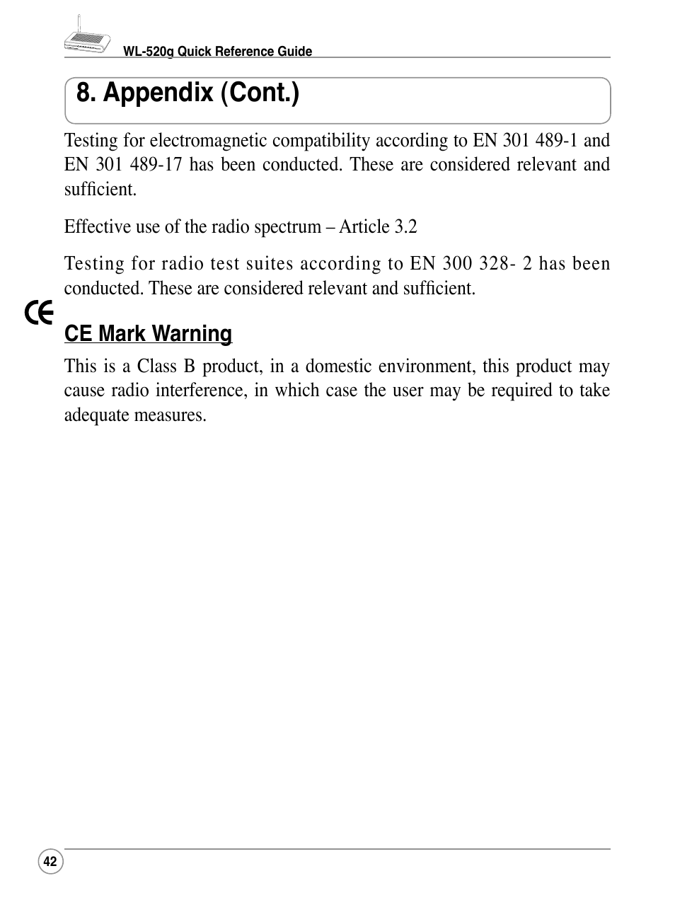 Appendix (cont.), Ce mark warning | Asus WL-520G User Manual | Page 42 / 44