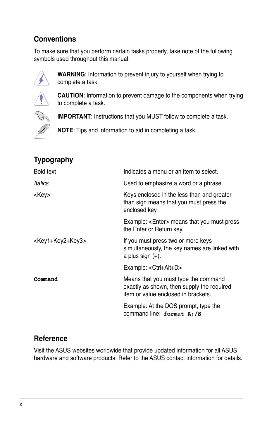 Reference, Conventions, Typography | Asus TW100-E5 iQuadro User Manual | Page 10 / 136