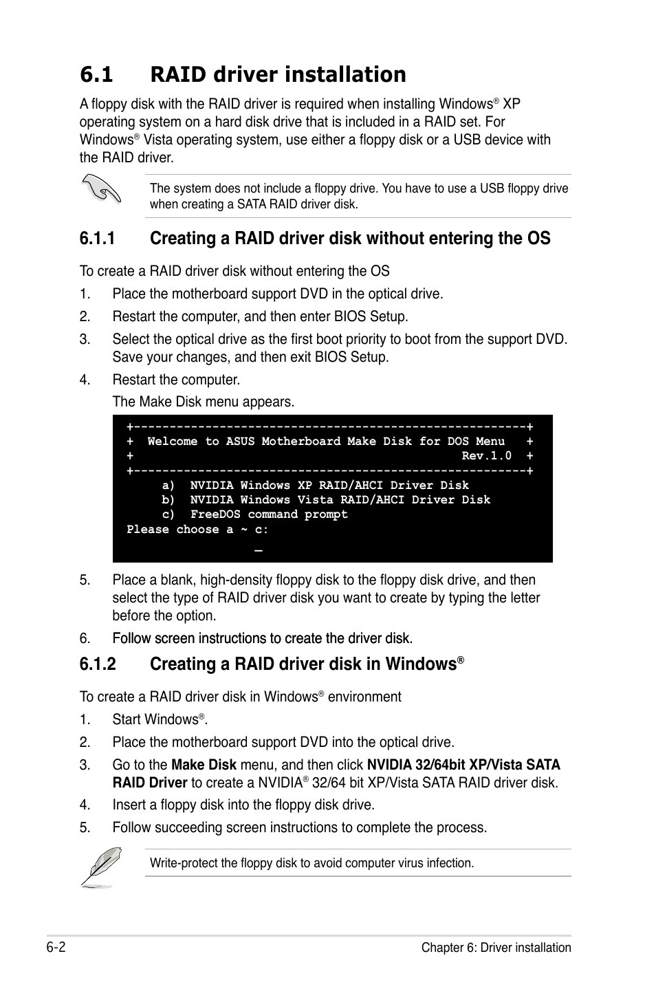1 raid driver installation, 2 creating a raid driver disk in windows, Raid driver installation -2 6.1.1 | Creating a raid driver disk in windows | Asus TW100-E5 iQuadro User Manual | Page 100 / 136