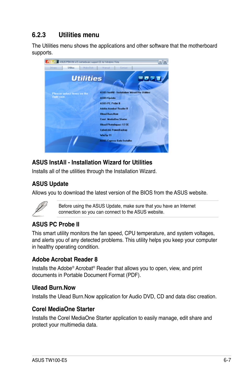 3 utilities menu, Utilities menu -7 | Asus TW100-E5 iQuadro User Manual | Page 105 / 136