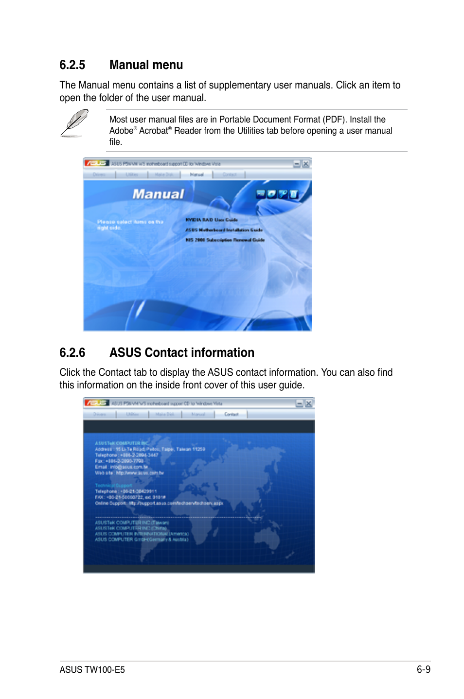 5 manual menu, 6 asus contact information, Manual menu -9 | Asus contact information -9 | Asus TW100-E5 iQuadro User Manual | Page 107 / 136