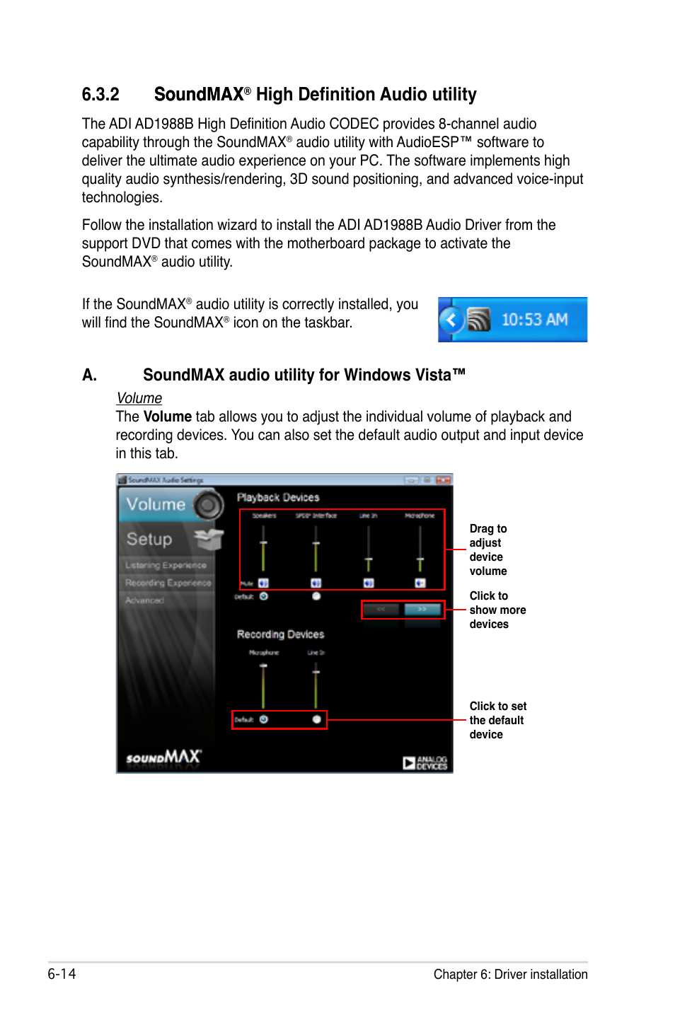2 soundmax® high definition audio utility, Soundmax, High definition audio utility -14 | 2 soundmax soundmax, High definition audio utility, A. soundmax audio utility for windows vista | Asus TW100-E5 iQuadro User Manual | Page 112 / 136