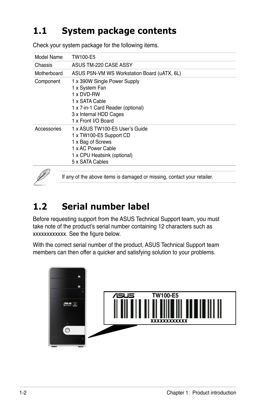 1 system package contents, 2 serial number label, System package contents -2 | Serial number label -2 | Asus TW100-E5 iQuadro User Manual | Page 12 / 136