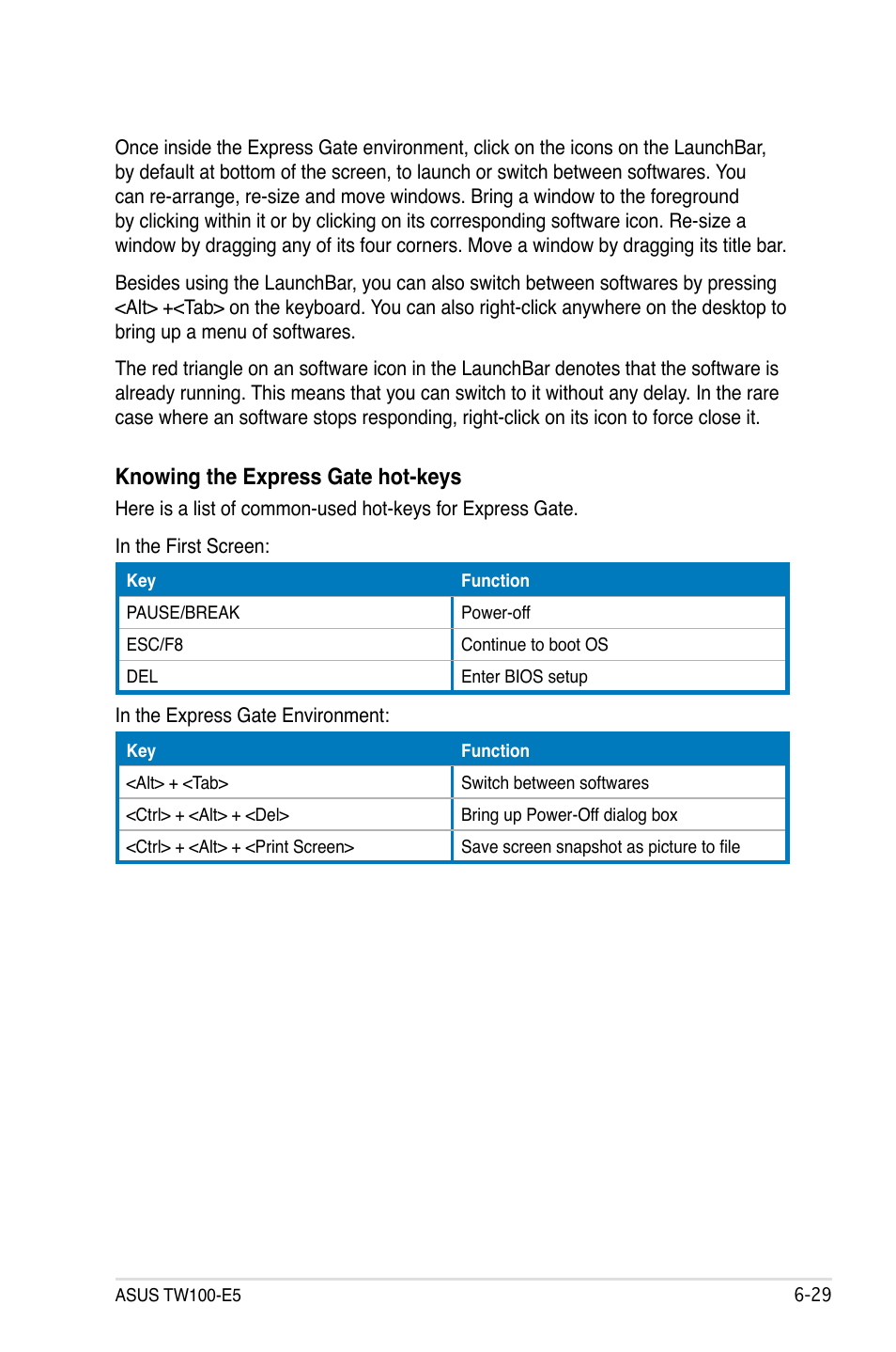 Knowing the express gate hot-keys | Asus TW100-E5 iQuadro User Manual | Page 127 / 136