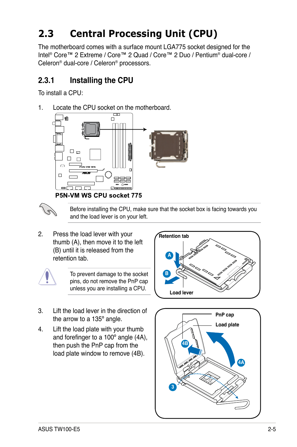 3 central processing unit (cpu), 1 installing the cpu, Central processing unit (cpu) -5 2.3.1 | Installing the cpu -5 | Asus TW100-E5 iQuadro User Manual | Page 23 / 136
