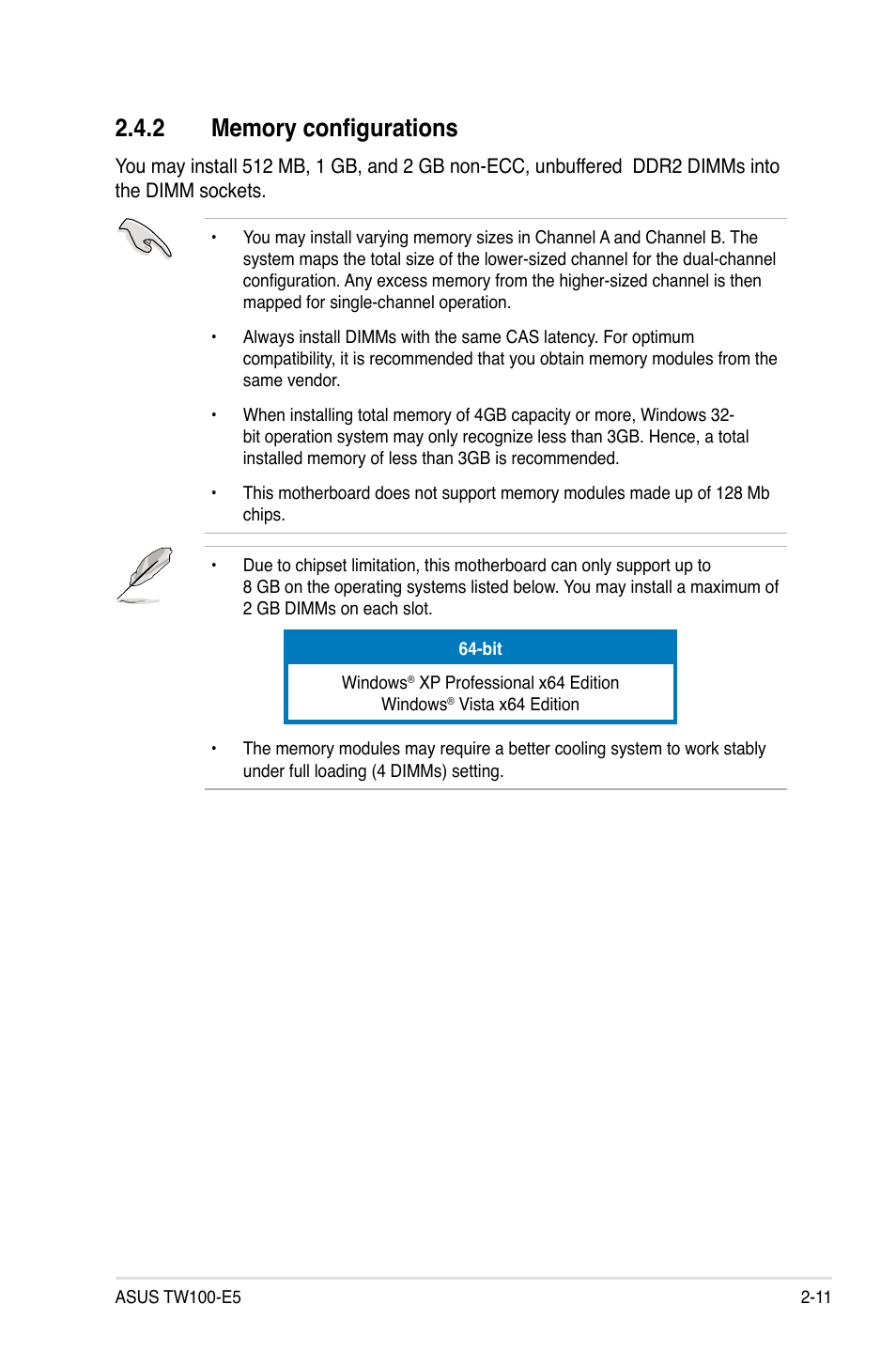 2 memory configurations, Memory configurations -11 | Asus TW100-E5 iQuadro User Manual | Page 29 / 136