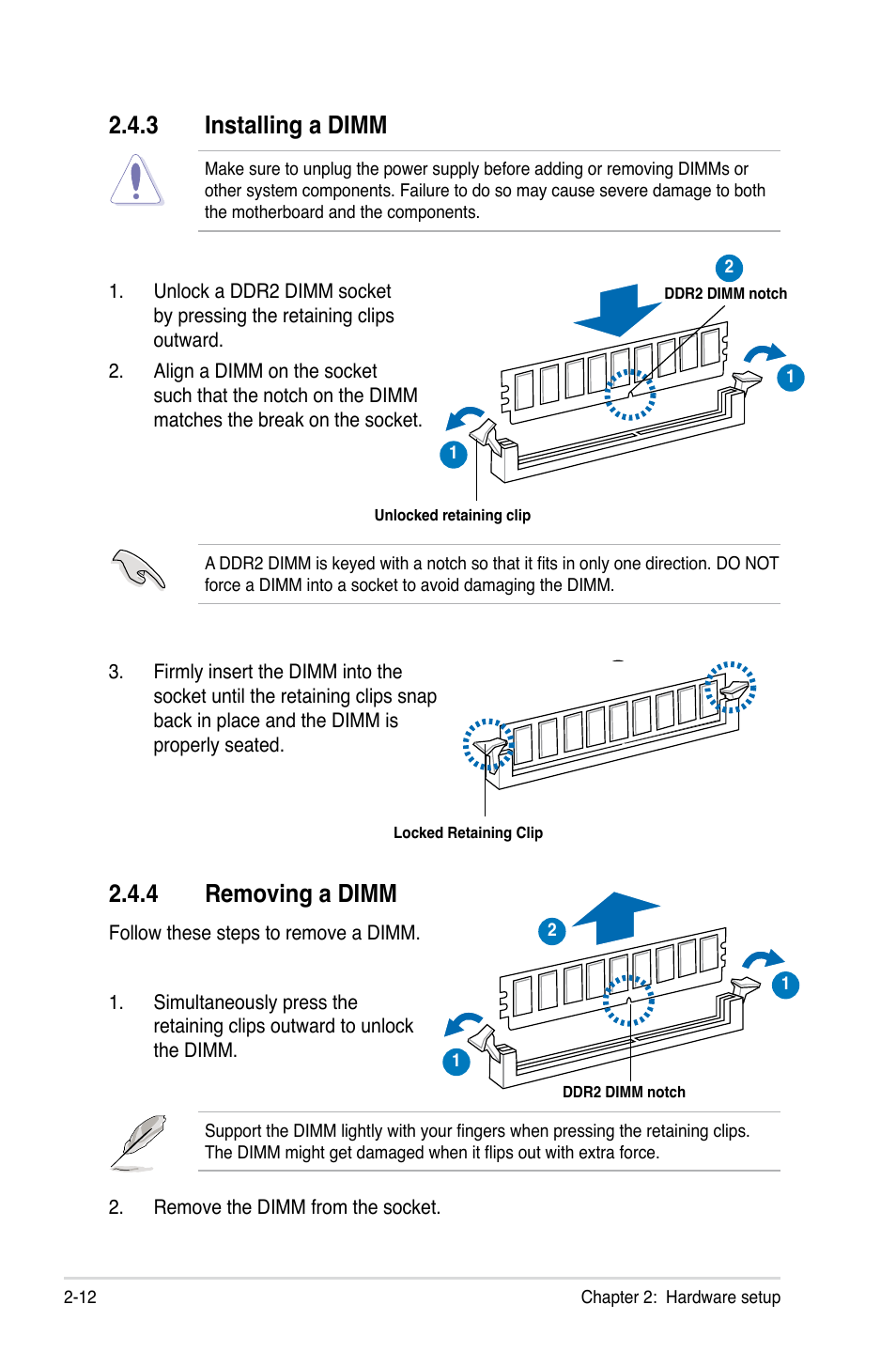 3 installing a dimm, 4 removing a dimm, Installing a dimm -12 | Removing a dimm -12 | Asus TW100-E5 iQuadro User Manual | Page 30 / 136