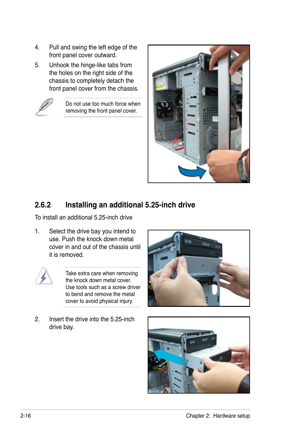 2 installing an additional 5.25-inch drive, Installing an additional 5.25-inch drive -16 | Asus TW100-E5 iQuadro User Manual | Page 34 / 136