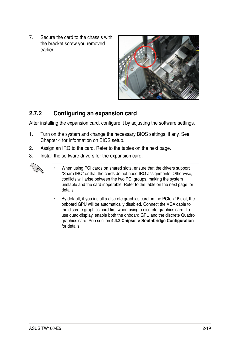 2 configuring an expansion card, Configuring an expansion card -19 | Asus TW100-E5 iQuadro User Manual | Page 37 / 136