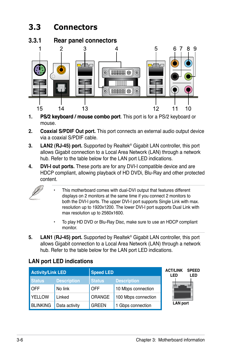 3 connectors, 1 rear panel connectors, Connectors -6 3.3.1 | Rear panel connectors -6, Lan port led indications | Asus TW100-E5 iQuadro User Manual | Page 46 / 136