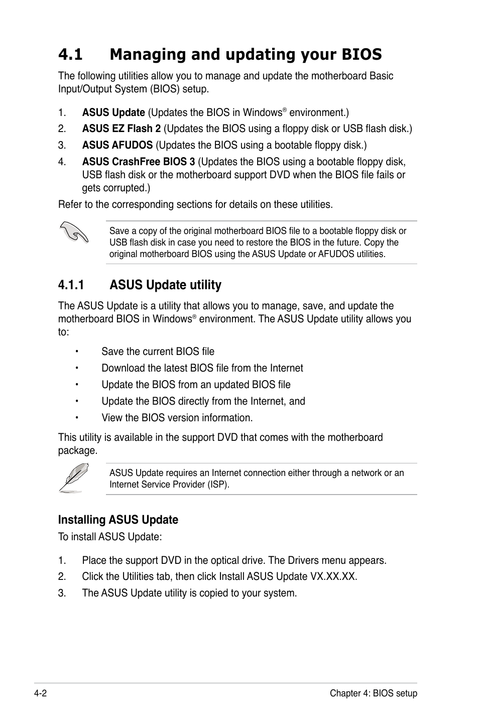1 managing and updating your bios, 1 asus update utility, Managing and updating your bios -2 4.1.1 | Asus update utility -2 | Asus TW100-E5 iQuadro User Manual | Page 56 / 136