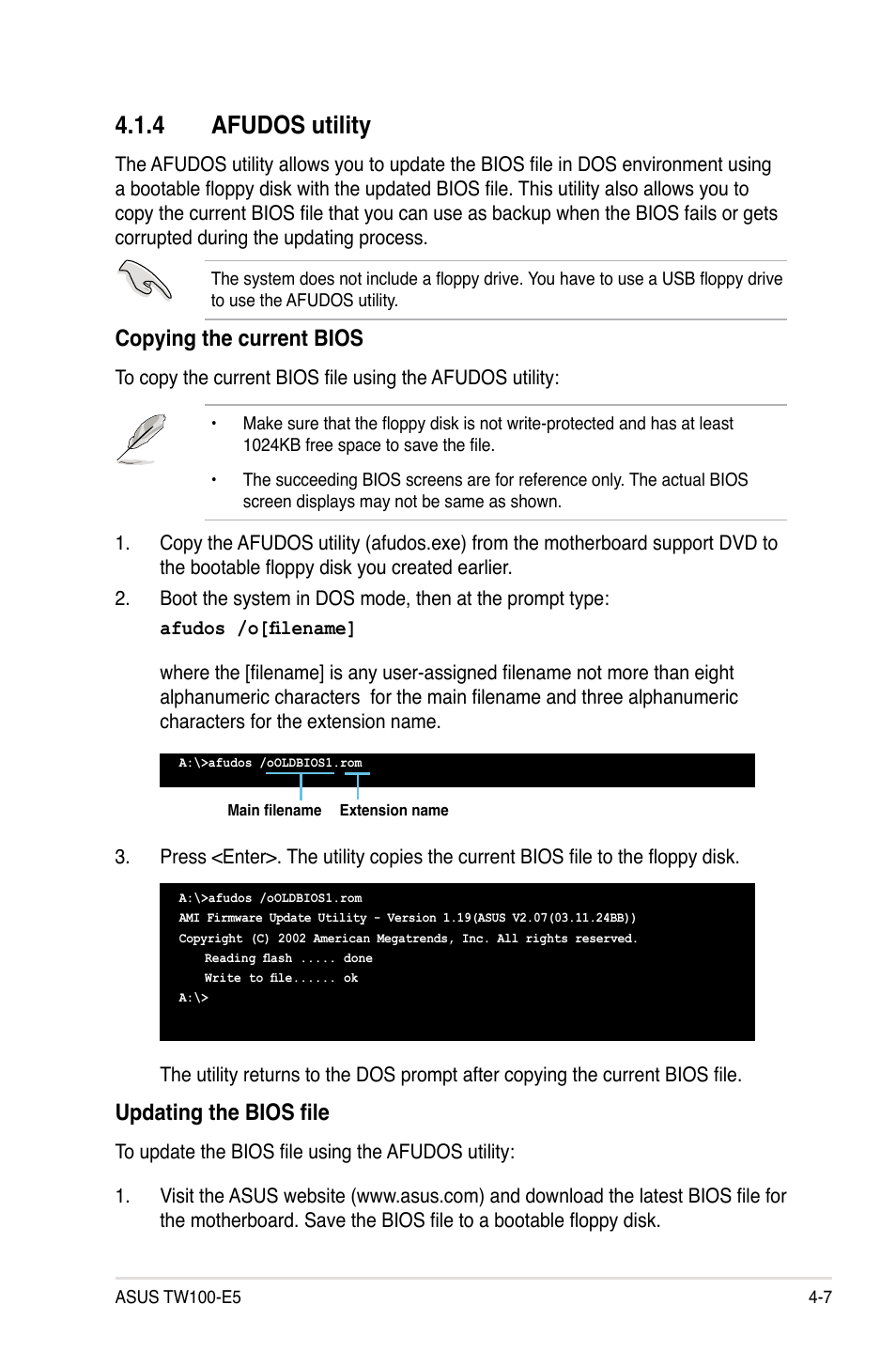 4 afudos utility, Afudos utility -7, Copying the current bios | Updating the bios file | Asus TW100-E5 iQuadro User Manual | Page 61 / 136