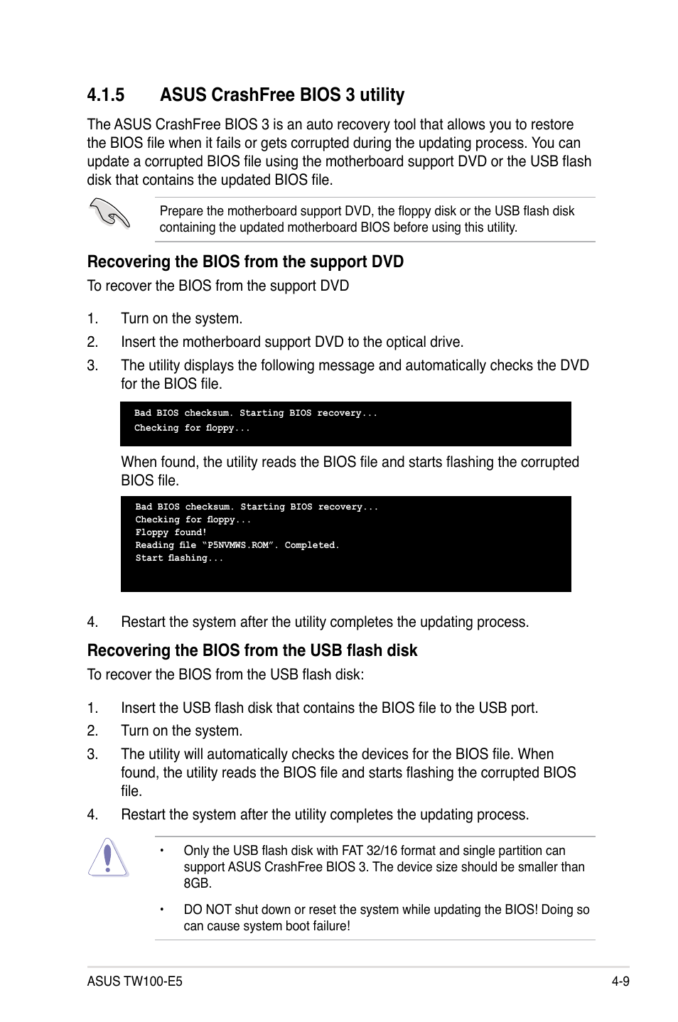 5 asus crashfree bios 3 utility, Asus crashfree bios 3 utility -9, Recovering the bios from the support dvd | Recovering the bios from the usb flash disk | Asus TW100-E5 iQuadro User Manual | Page 63 / 136