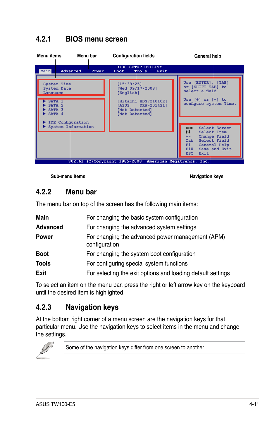 1 bios menu screen, 2 menu bar, 3 navigation keys | Bios menu screen -11, Menu bar -11, Navigation keys -11, 1 bios menu screen 4.2.2 menu bar | Asus TW100-E5 iQuadro User Manual | Page 65 / 136