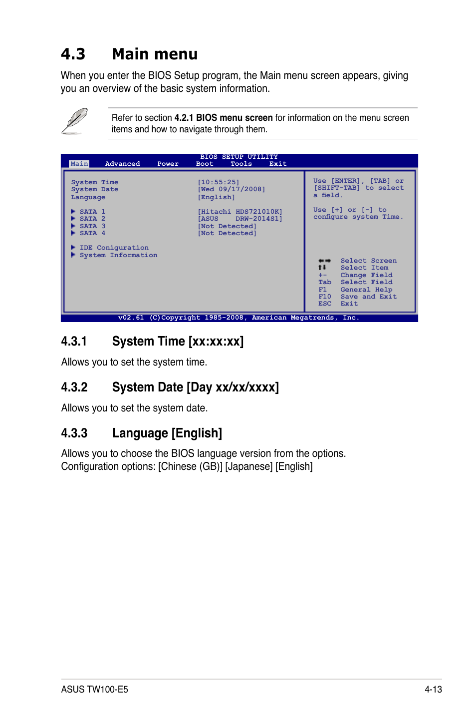 3 main menu, 1 system time [xx:xx:xx, 2 system date [day xx/xx/xxxx | 3 language [english, Main menu -13 4.3.1, System time -13, System date -13, Language -13, Allows you to set the system time, Allows you to set the system date | Asus TW100-E5 iQuadro User Manual | Page 67 / 136