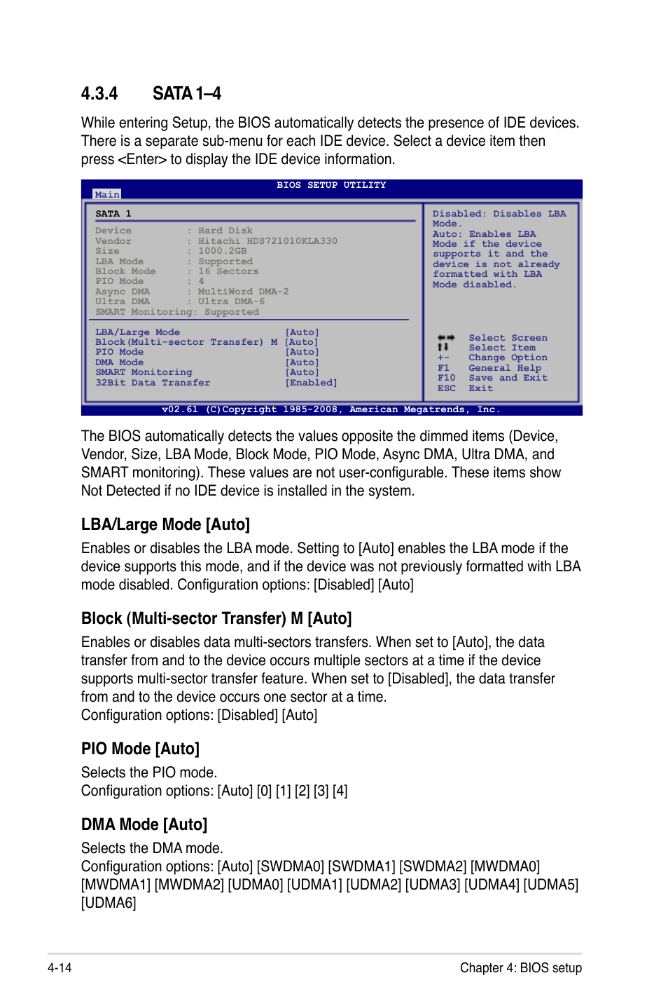 4 sata 1–4, Sata 1–4 -14, Lba/large mode [auto | Block (multi-sector transfer) m [auto, Pio mode [auto, Dma mode [auto | Asus TW100-E5 iQuadro User Manual | Page 68 / 136