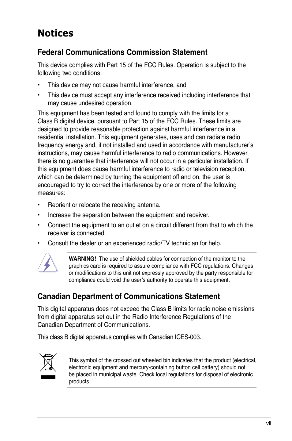 Notices, Federal communications commission statement, Canadian department of communications statement | Asus TW100-E5 iQuadro User Manual | Page 7 / 136
