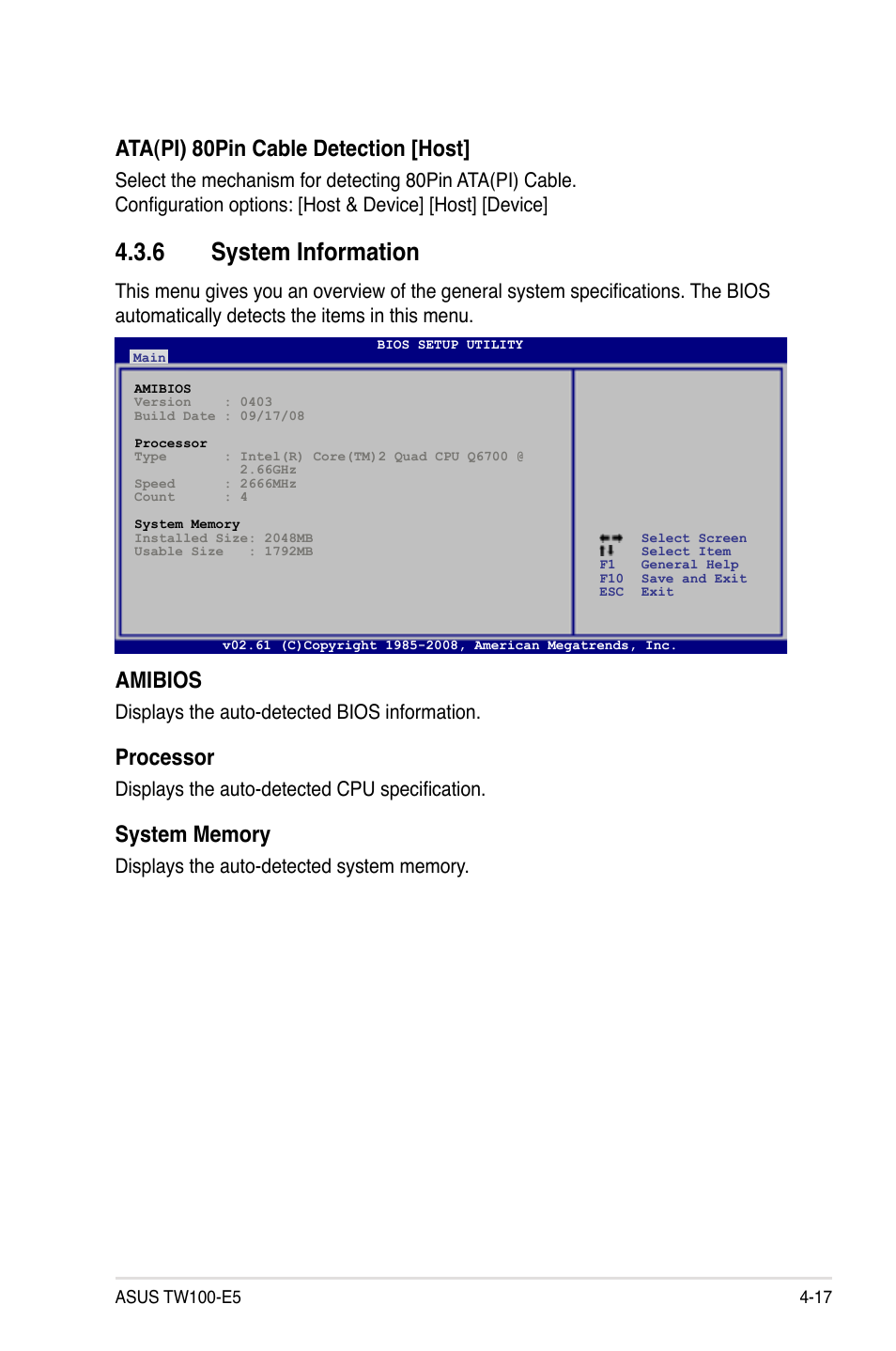 6 system information, System information -17, Amibios | Processor, Ata(pi) 80pin cable detection [host | Asus TW100-E5 iQuadro User Manual | Page 71 / 136