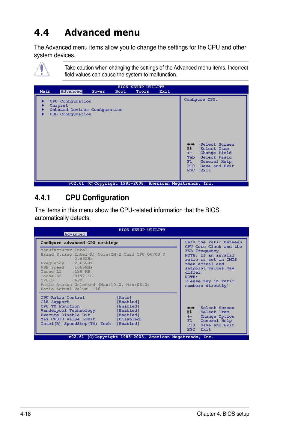 4 advanced menu, 1 cpu configuration, Advanced menu -18 | Cpu configuration -18, Chapter 4: bios setup 4-18 | Asus TW100-E5 iQuadro User Manual | Page 72 / 136