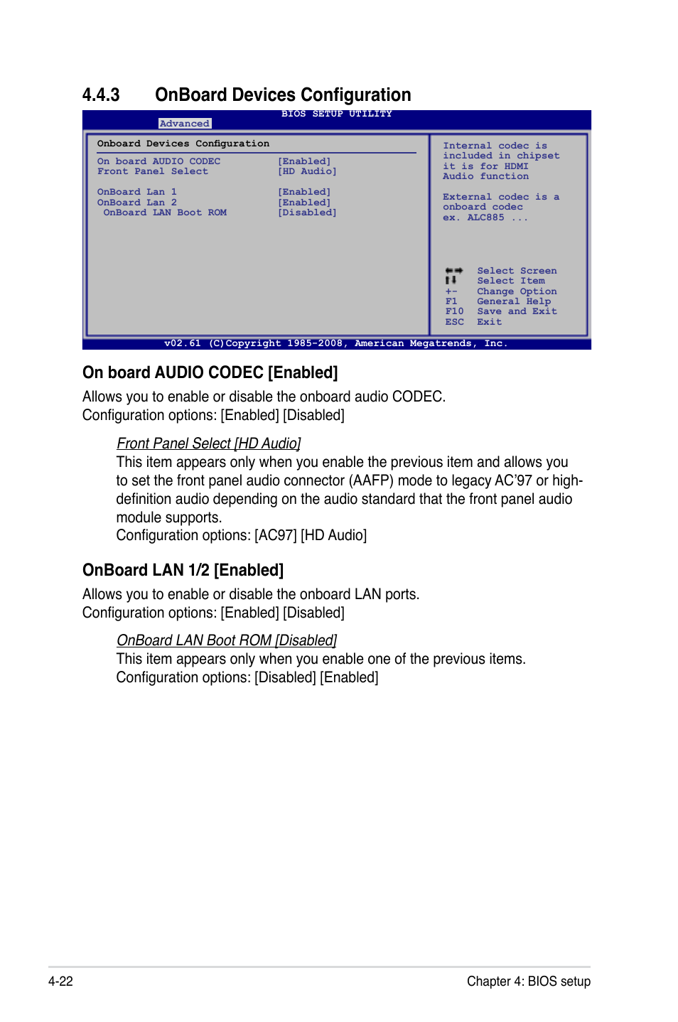 3 onboard devices configuration, Onboard devices configuration -22, On board audio codec [enabled | Onboard lan 1/2 [enabled | Asus TW100-E5 iQuadro User Manual | Page 76 / 136