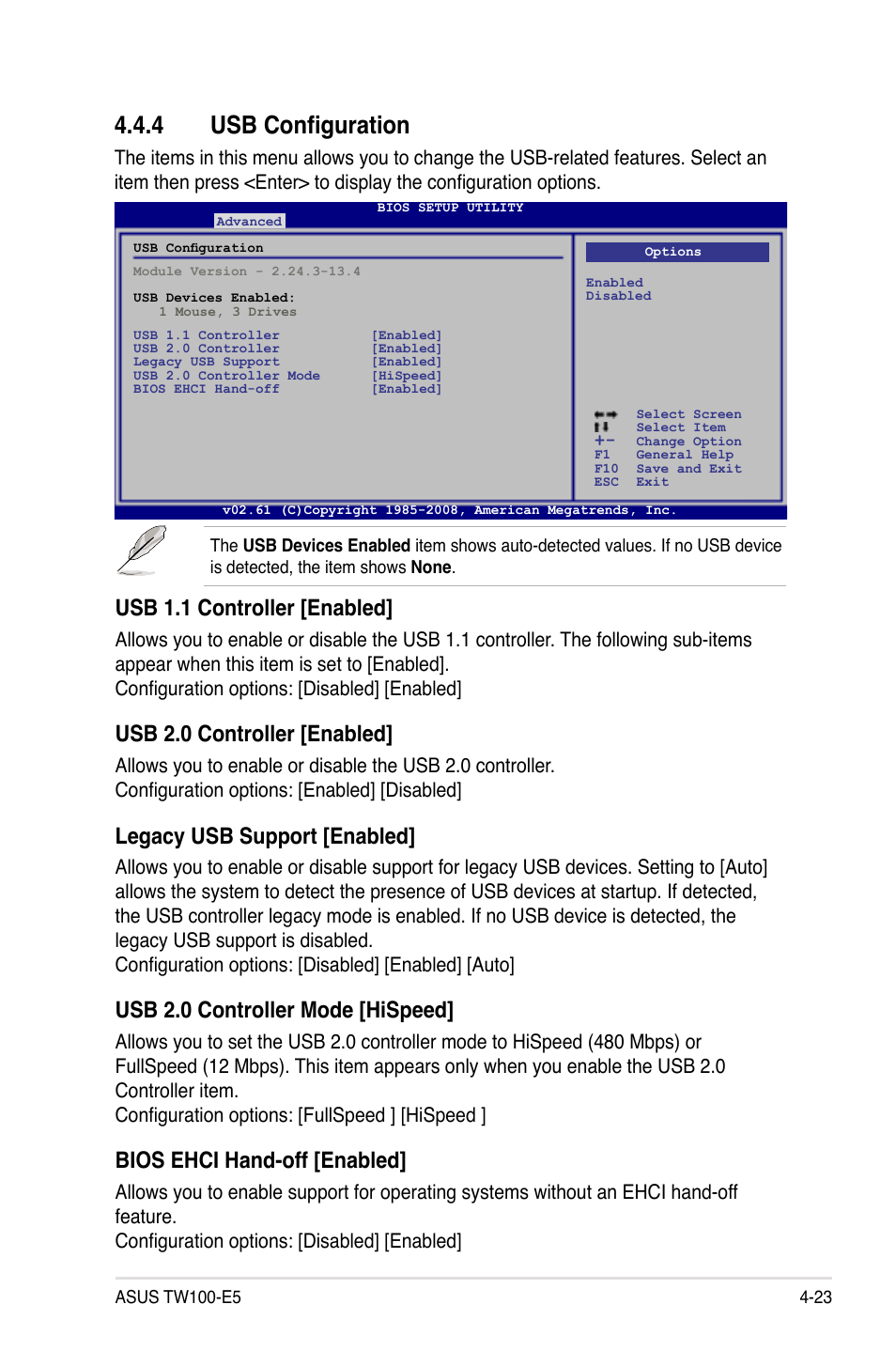 4 usb configuration, Usb configuration -23, Usb 1.1 controller [enabled | Usb 2.0 controller [enabled, Legacy usb support [enabled, Usb 2.0 controller mode [hispeed, Bios ehci hand-off [enabled | Asus TW100-E5 iQuadro User Manual | Page 77 / 136