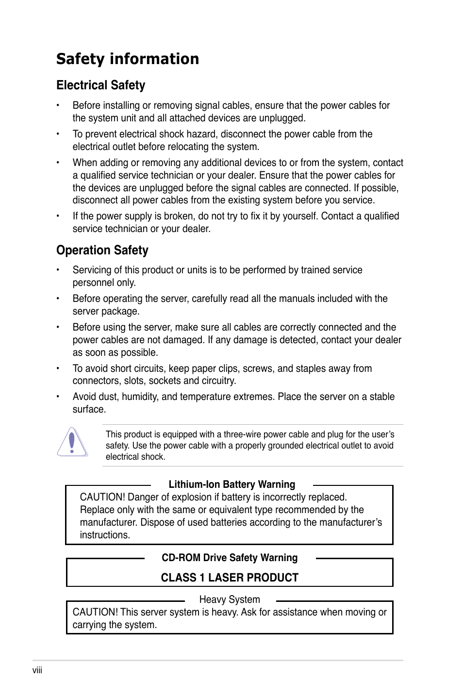 Safety information, Electrical safety, Operation safety | Asus TW100-E5 iQuadro User Manual | Page 8 / 136